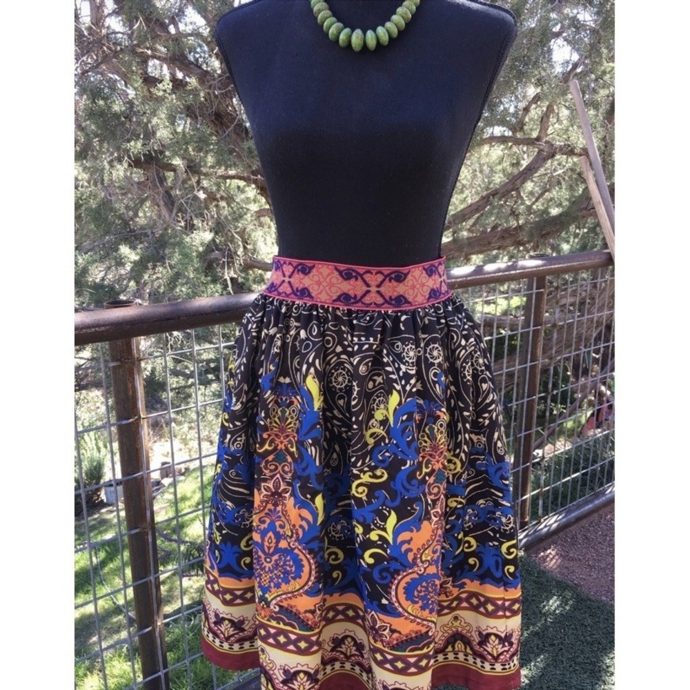 Flying Tomato Multicolor Tribal Boho Paisley A-line Midi Skirt Elastic Waist - L